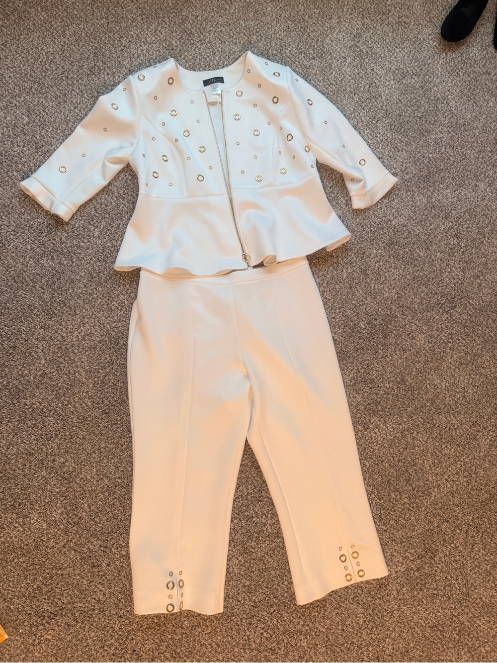 Midnight Velvet White Peplum Jacket & Cropped Pants Set with Gold Eyelet Detail